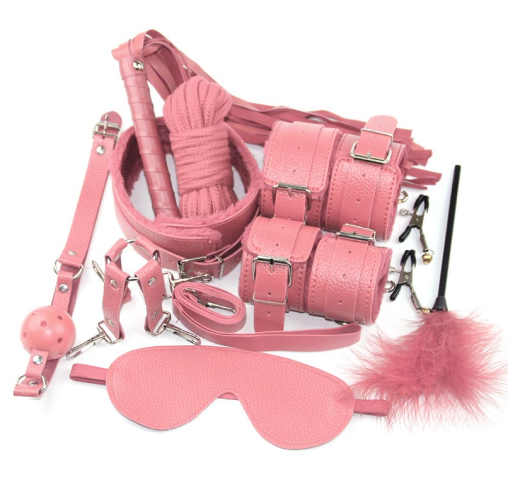 10 Parça Peluşlu BDSM Fantezi Kelepçe Kırbaç Set Pembe