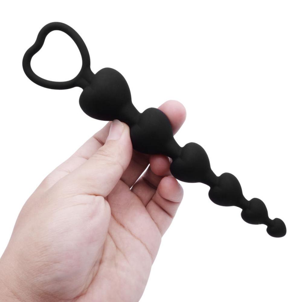 Anal Beads Siyah Kalp Şekilli Tutma Halkalı Silikon Anal Plug