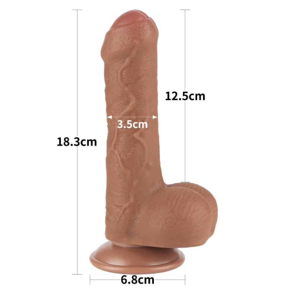 Çift Katmanlı Kayar Deri Damarlı 18.5 CM Dildo Koyu Ten Sünnetsiz Penis