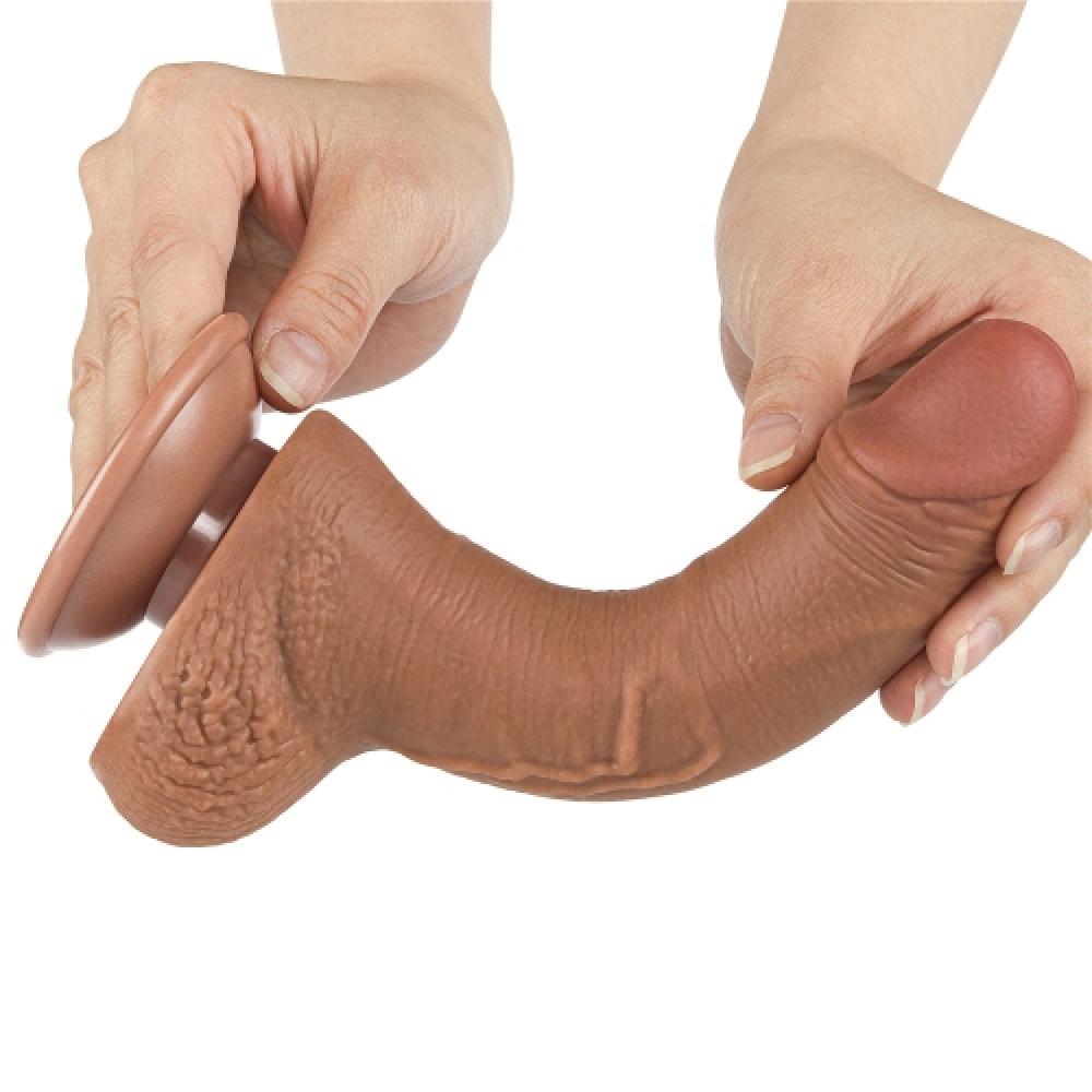 Çift Katmanlı Kayar Deri Damarlı 19.5 CM Dildo Koyu Ten