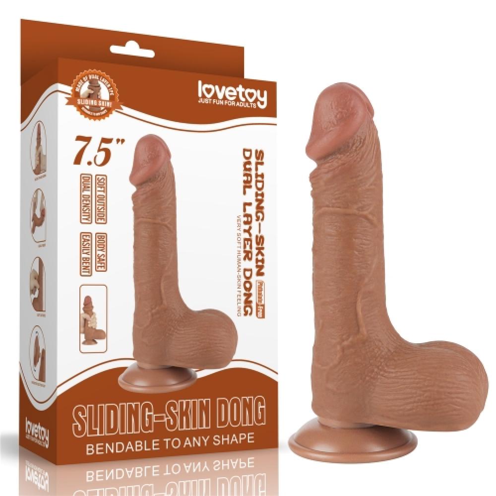 Çift Katmanlı Kayar Deri Damarlı 19.5 CM Dildo Koyu Ten Yapay Penis