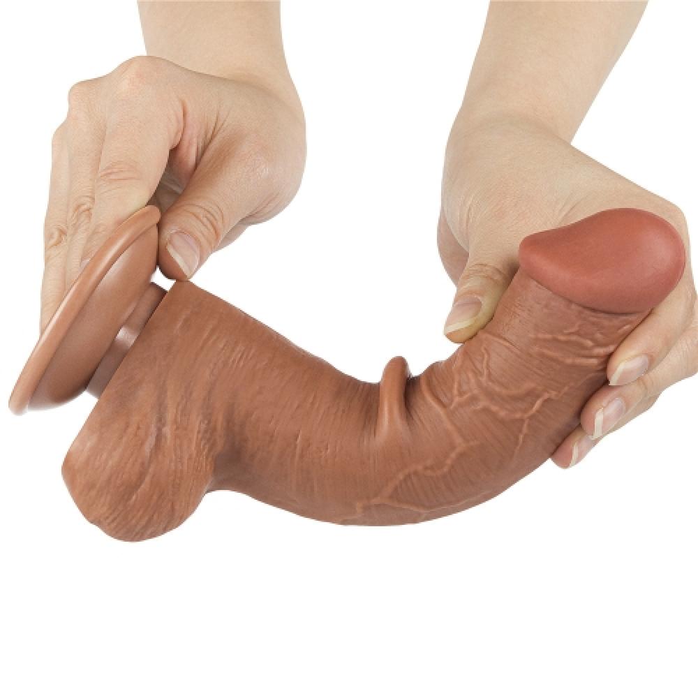 Çift Katmanlı Kayar Deri Damarlı 21 CM Dildo Koyu Ten Yapay Penis
