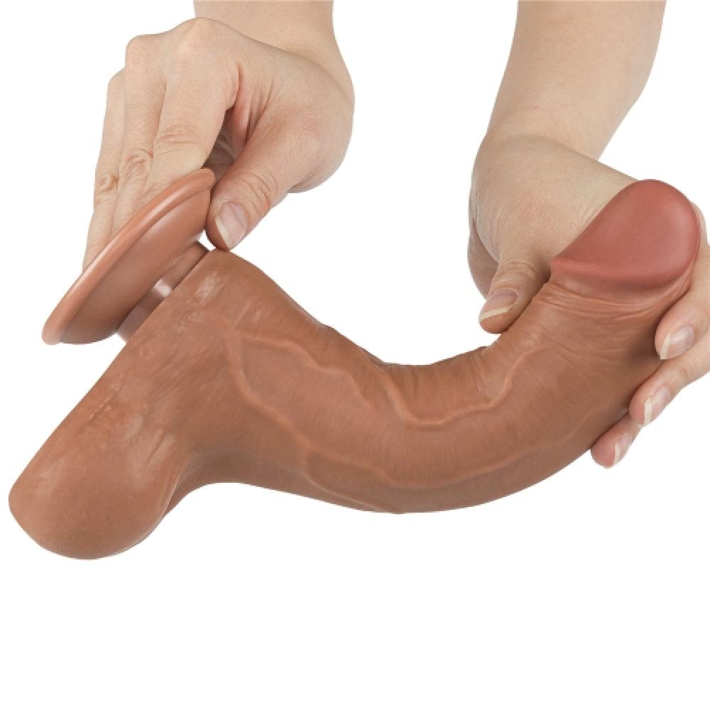 Çift Katmanlı Kayar Deri Damarlı 22 CM Dildo Koyu Ten