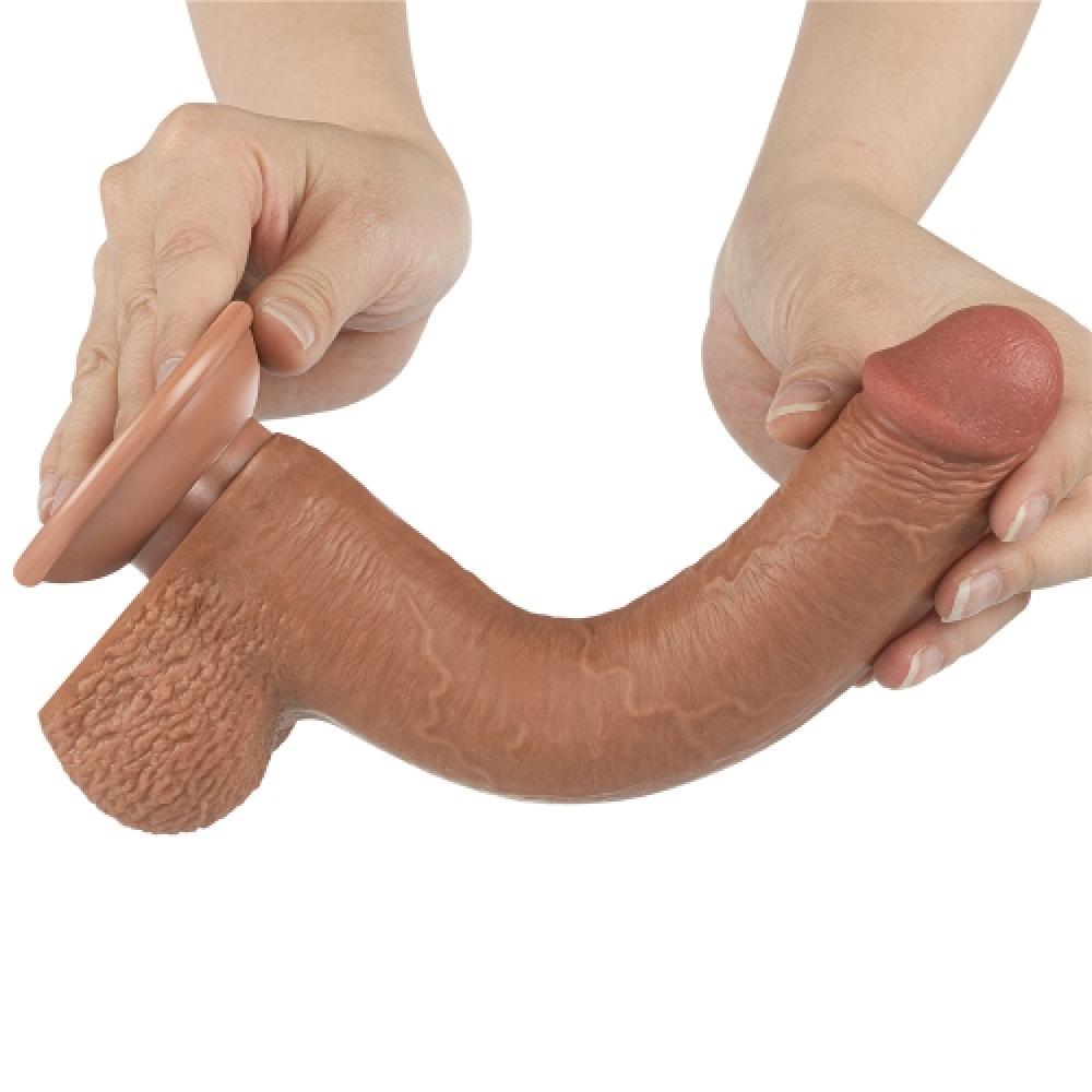 Çift Katmanlı Kayar Deri Damarlı 22 CM Dildo Koyu Ten Yapay Penis