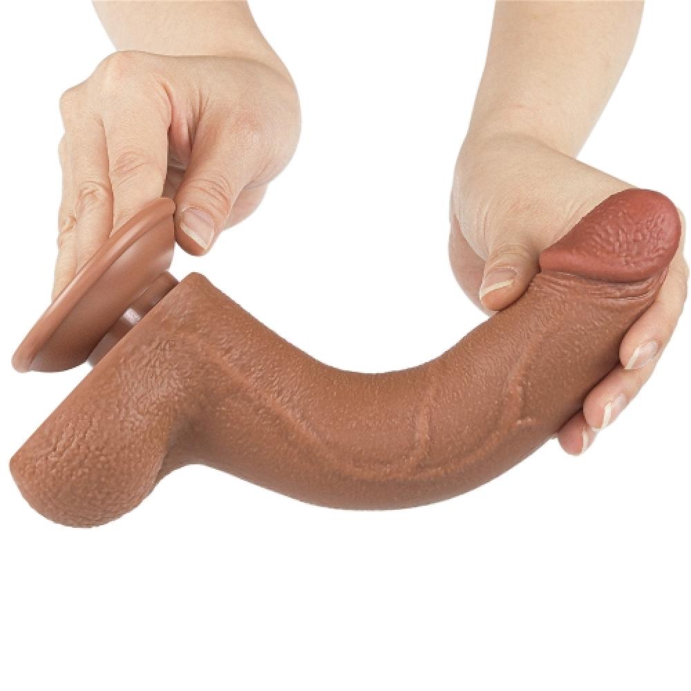 Çift Katmanlı Kayar Deri Damarlı 20 CM Dildo Koyu Ten Yapay Penis