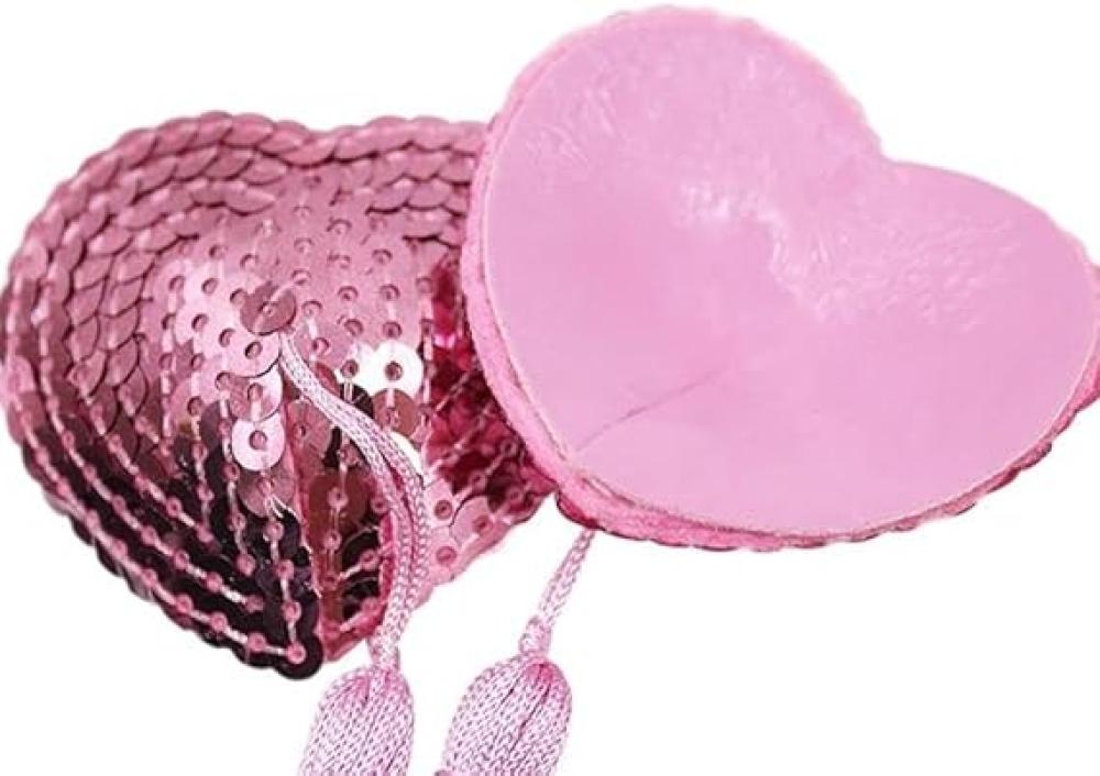Göğüs Ucu Kapatıcı Kalpli Yapışkanlı Püsküllü Fantezi Meme Ucu Gizleyici Pembe