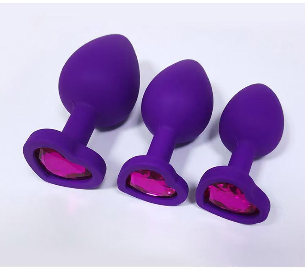 Kalpli Mücevher Taşlı Mor Silikon Anal Plug Orta Boy