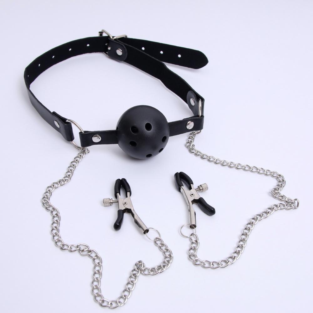 Nefes Alınabilir Ağız Topu Ve Göğüs Klipsli BDSM Set