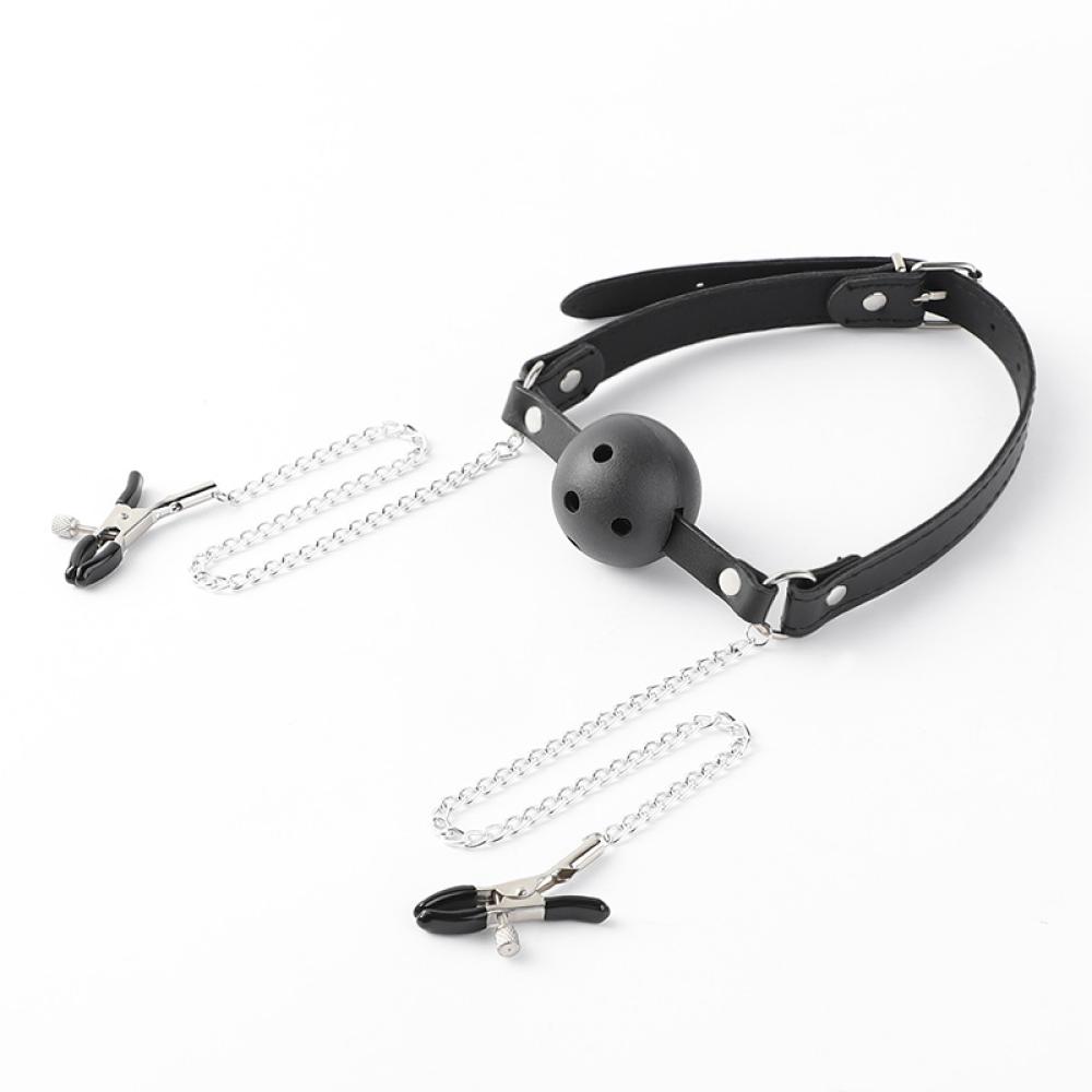 Nefes Alınabilir Ağız Topu Ve Göğüs Klipsli BDSM Set
