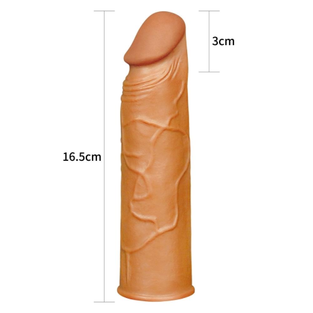 Pleasure X Tender 3 CM Uzatmalı Gerçekçi Ten Dokulu Damarlı Penis Kılıfı Koyu Renk