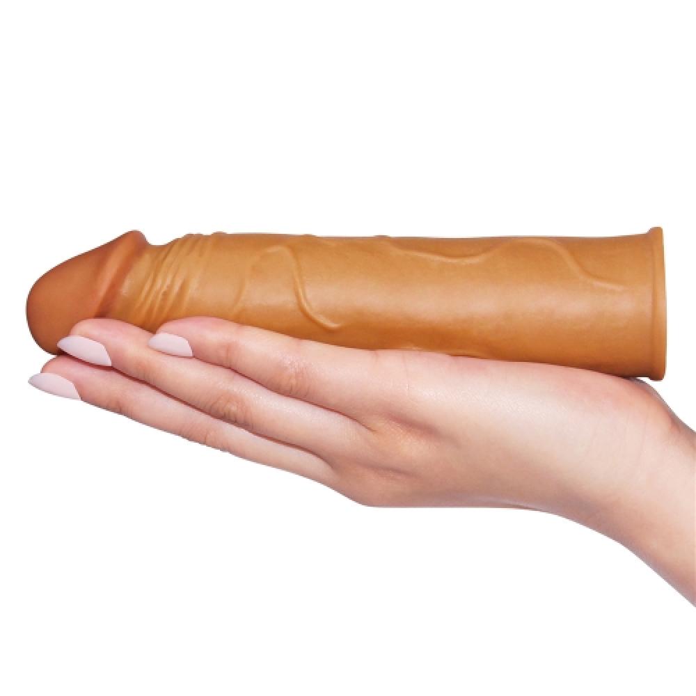 Pleasure X Tender 3 CM Uzatmalı Gerçekçi Ten Dokulu Damarlı Penis Kılıfı Koyu Renk