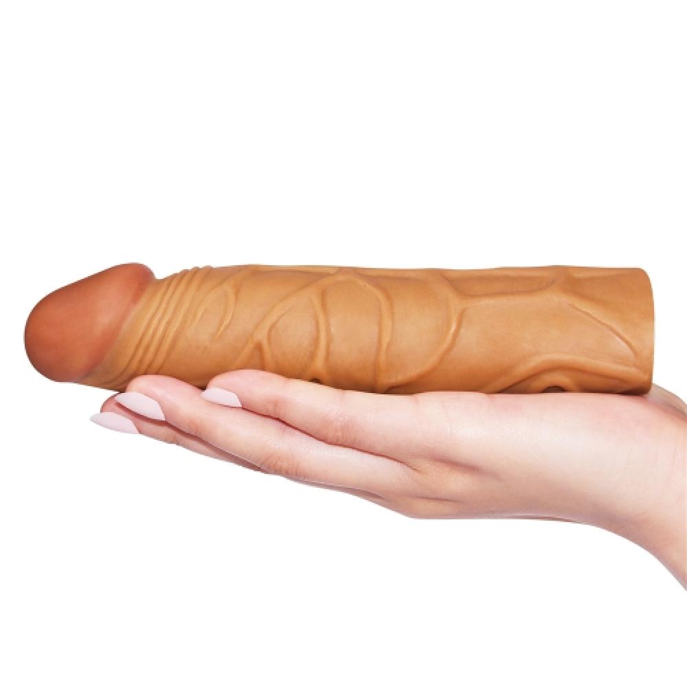 Pleasure X Tender 3 CM Uzatmalı Gerçekçi Ten Dokulu Penis Kılıfı Koyu Renk