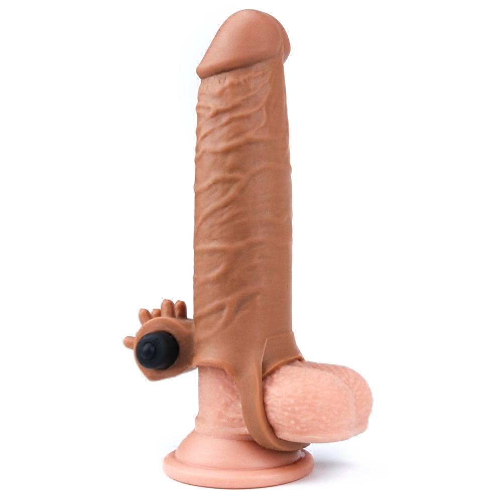 Pleasure X Tender 3 CM Uzatmalı Titreşimli Penis Kılıfı Koyu Renk