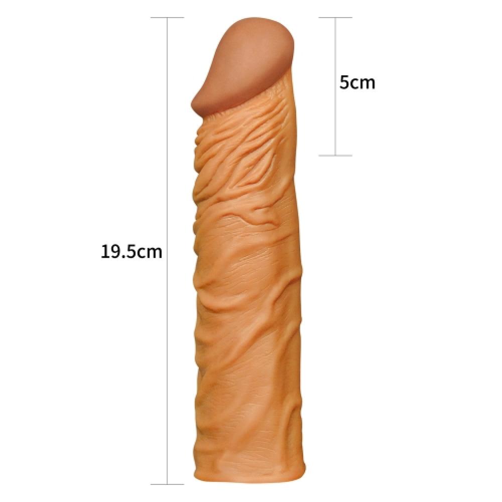 Pleasure X Tender 5 CM Uzatmalı Damarlı Gerçekçi Ten Dokulu Penis Kılıfı Koyu Renk