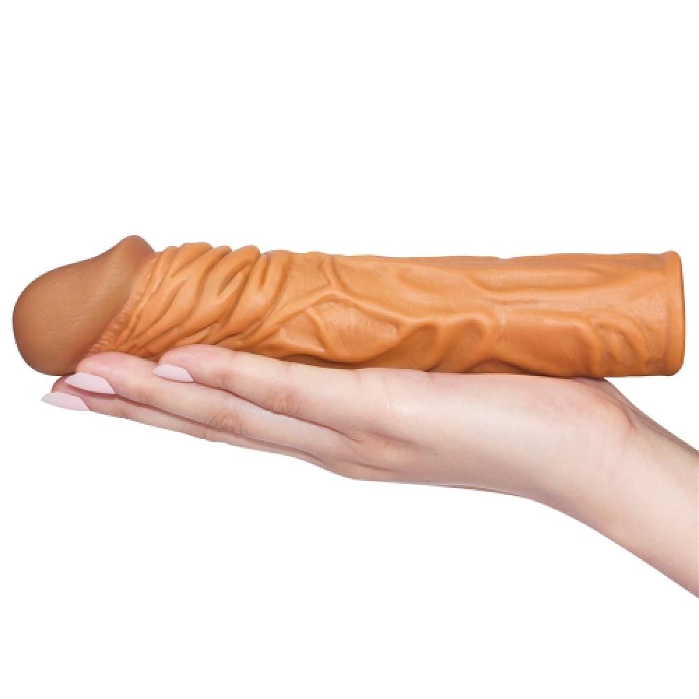 Pleasure X Tender 5 CM Uzatmalı Damarlı Gerçekçi Ten Dokulu Penis Kılıfı Koyu Renk